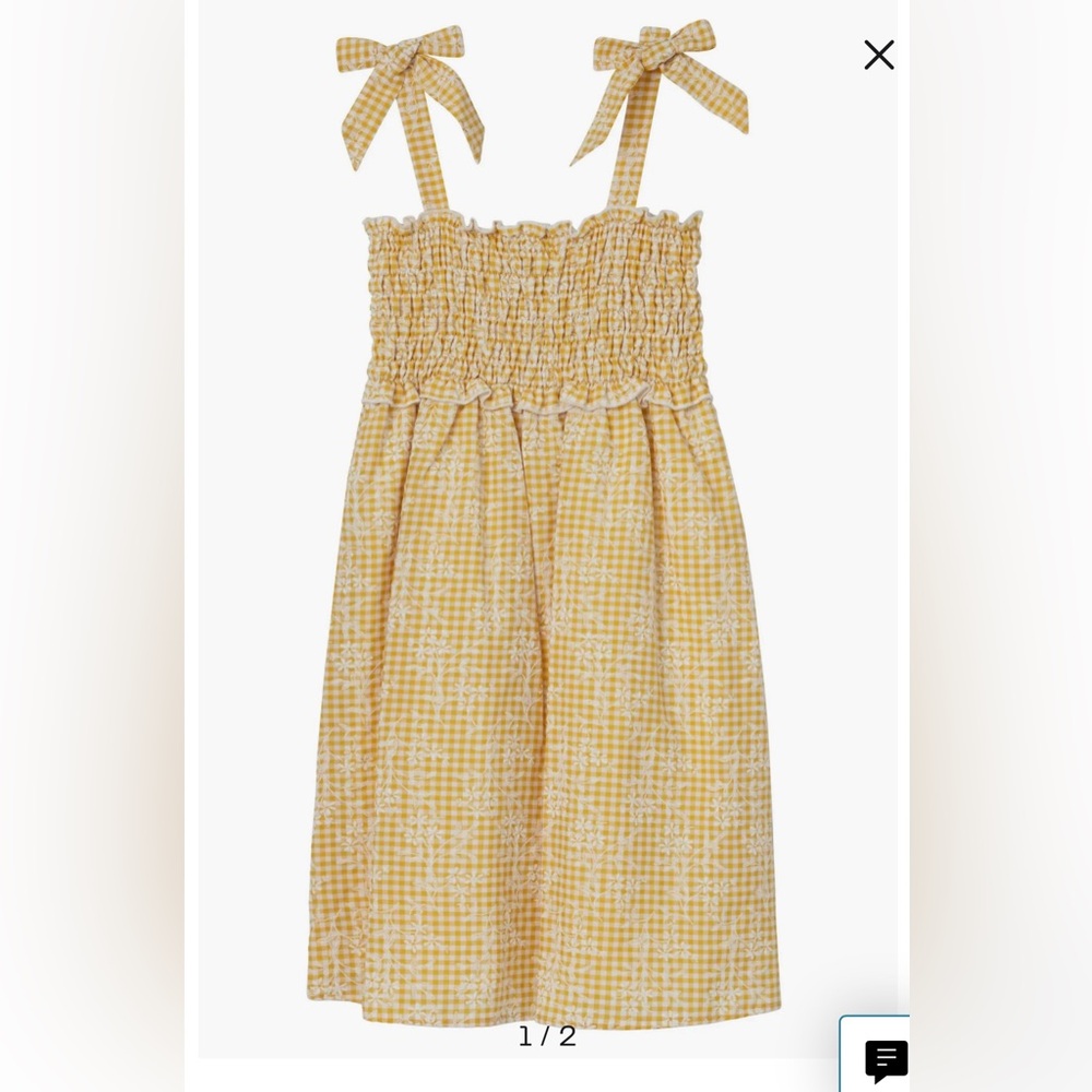 Girls embroidered floral Gingham Smock Dress in mustard yellow and white.Size 16
